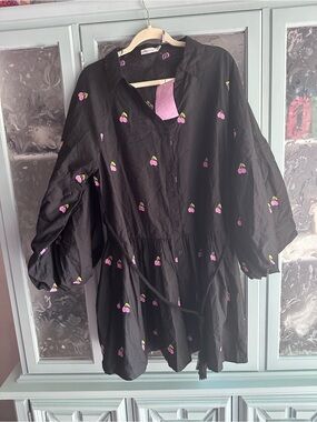 Avec Les Filles Black Long Sleeve Tunic Dress with Pink Cherry Embroidery